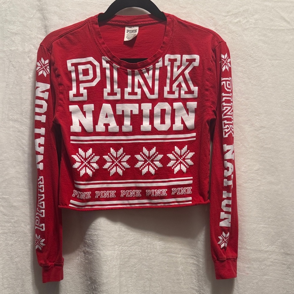 Victoria's Secret PINK Nation Red Holiday Crop Top Long Sleeve XS